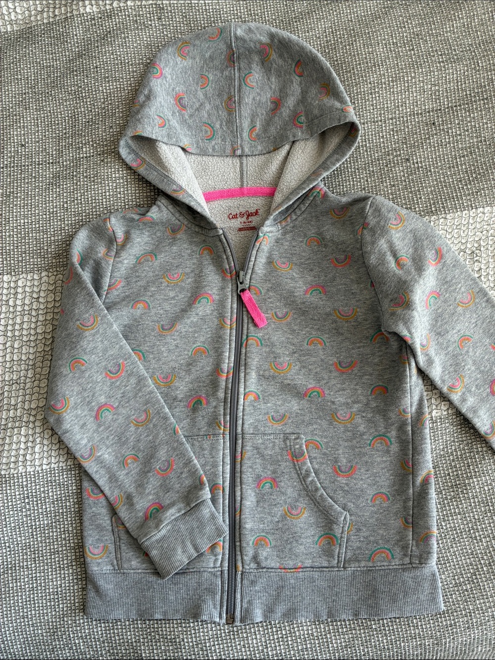 Cat & Jack Heather Gray Zip Hoodie with Pink Zip Pull and Rainbow Print